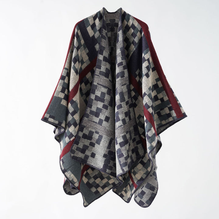 Damen Kastiger Webponcho mit grafischem Jacquard und Kettelkante Echo Archiv