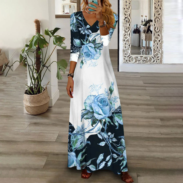 Damen Maxi-Kleid mit V-Ausschnitt, 3/4-Ärmeln und großem Rosendruck Echoarchiv