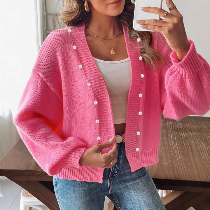 Damen nan grobstrick Cardigan mit Perlenknöpfen und Balloonärmeln Echo Archiv