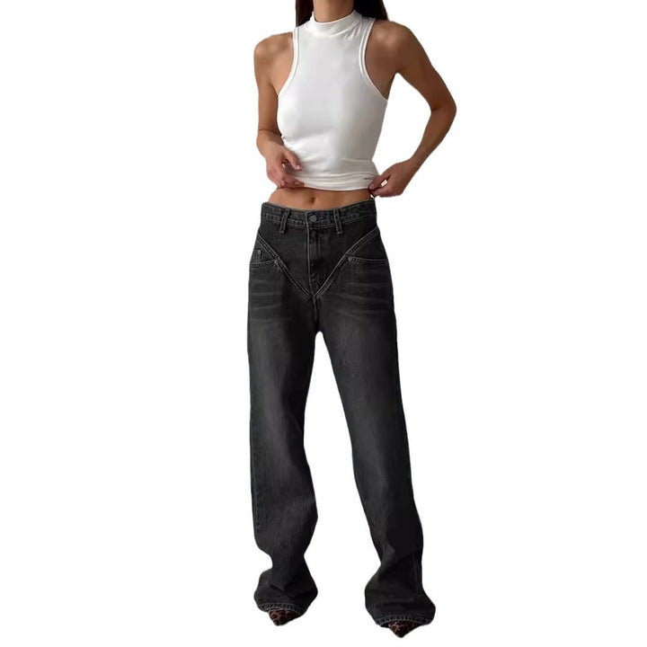 Damen nan hochgeschnittene weite Denim-Hose mit V-förmiger Bundnaht und extra-langem Bein Echo Archiv