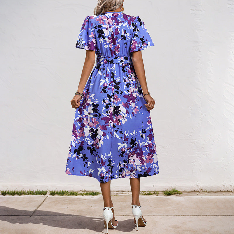 Damen Leichtes Chiffon-Midikleid Wickeloptik mit V-Ausschnitt, Taillenband und asymmetrischem Zipfelrock Echoarchiv