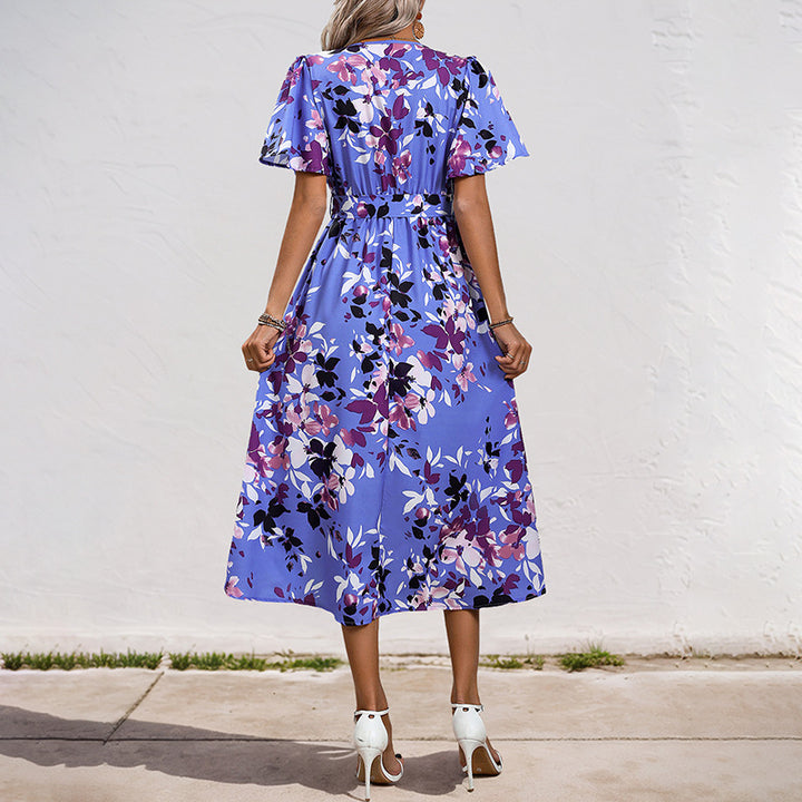 Damen Leichtes Chiffon-Midikleid Wickeloptik mit V-Ausschnitt, Taillenband und asymmetrischem Zipfelrock Echoarchiv