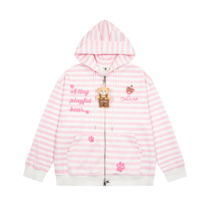 Damen Gestreifte Kapuzen-Sweatjacke mit Teddy-Anhänger, Ohren-Kapuze und Stickdetail Echoarchiv