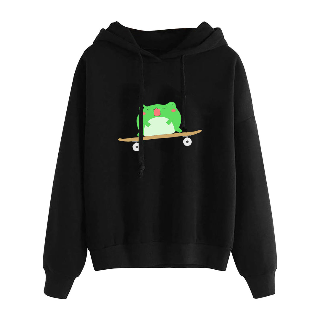 Damen kurz geschnittener Cropped-Kapuzenpullover mit niedlicher Frosch-Illustration und verstellbarer Kapuze – Auréline