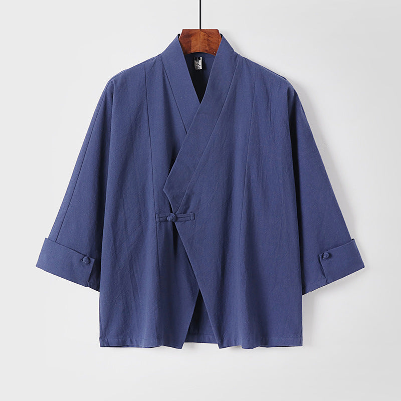 Herren Leinen-Kimono-Jacke mit traditionellem Knotenverschluss und mittel-langen Ärmeln Echoarchiv