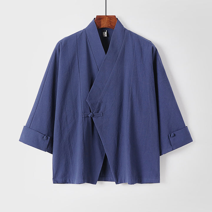 Herren Leinen-Kimono-Jacke mit traditionellem Knotenverschluss und mittel-langen Ärmeln Echoarchiv