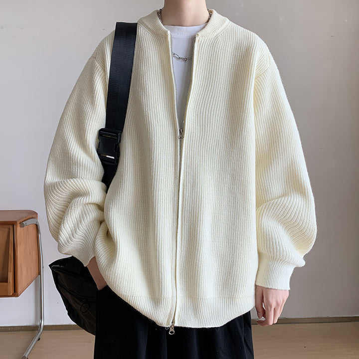 Unisex Oversize-Rippstrick-Cardigan mit Zwei-Wege-Reißverschluss und minimalem Stehkragen Echoarchiv