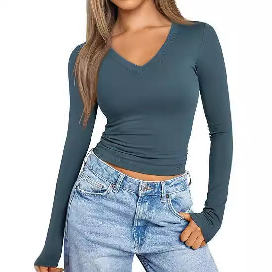 Damen Figurnahes Langarm-Cropped-Shirt mit V-Ausschnitt und elastischem Taillenbund Echo Archiv