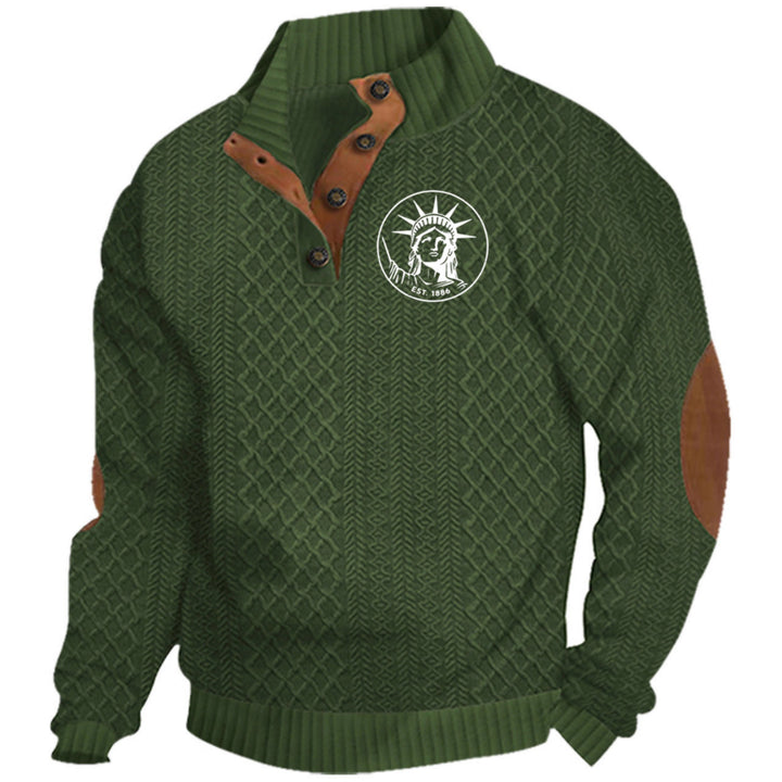 Herren nan Heritage-Strukturpullover mit Stehkragen Lederimitat-Besatz Ellenbogen-Patches und Halbknopfleiste Echo Archiv