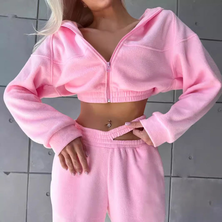 Damen Cropped Fleece-Set mit kurzem Zip-Hoodie und hoher Taillen-Jogginghose – Auréline