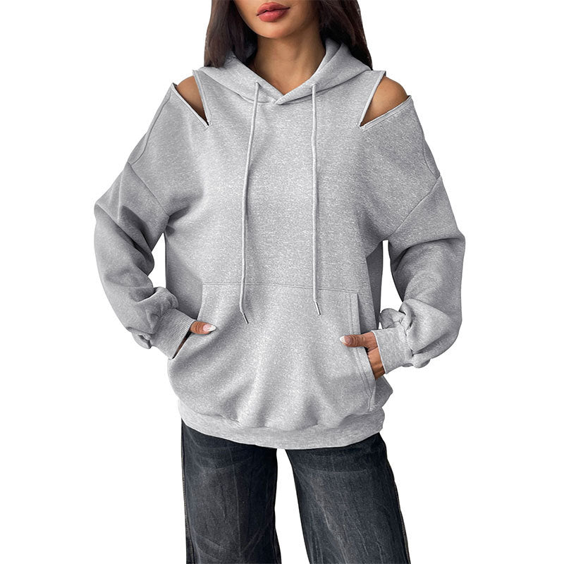 Damen Lässiger Kapuzenpullover mit Schulteröffnungen, Kängurutasche und gerippten Bündchen Echoarchiv