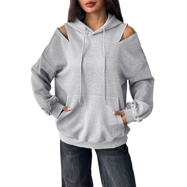 Damen Lässiger Kapuzenpullover mit Schulteröffnungen, Kängurutasche und gerippten Bündchen Echoarchiv