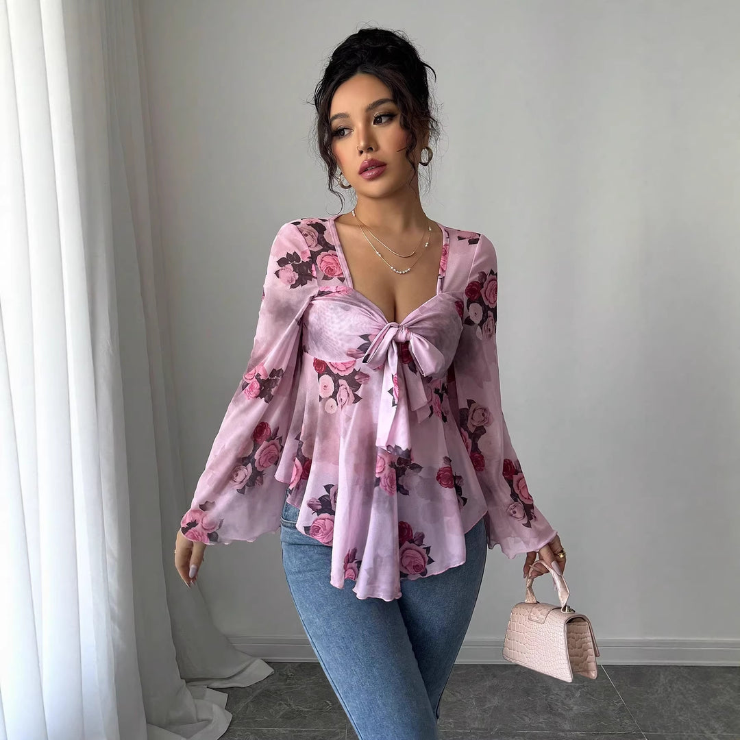 Damen Transparente Chiffon-Babydoll-Bluse mit Knotenfront und floralem Allover-Print Echo Archiv