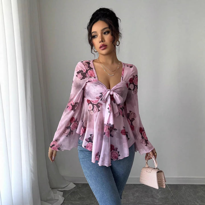 Damen Transparente Chiffon-Babydoll-Bluse mit Knotenfront und floralem Allover-Print Echo Archiv