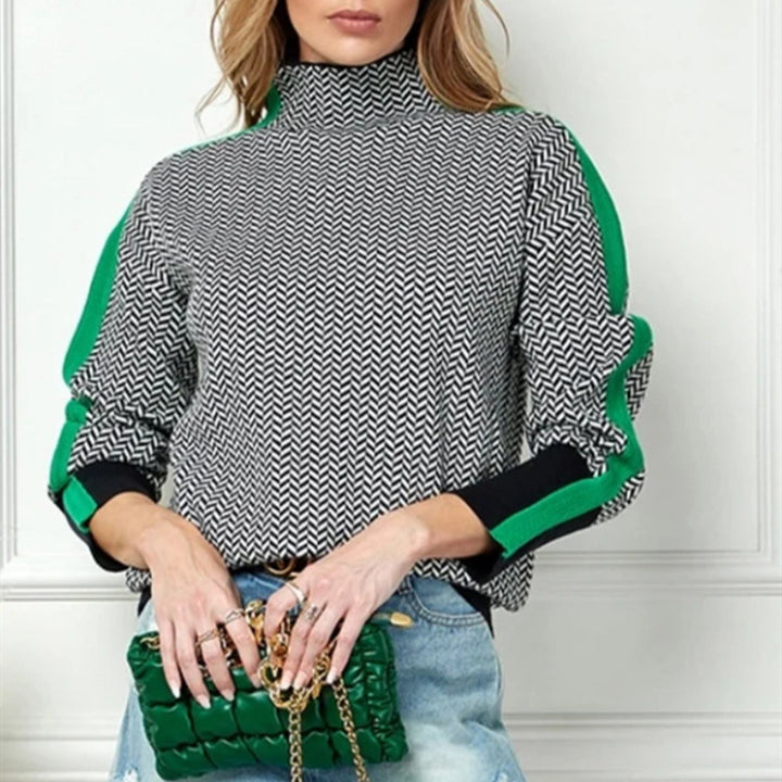 Damen Feinstrickpullover mit geometrischem Jacquardmuster, Stehkragen und Kontrastband – Mavelle