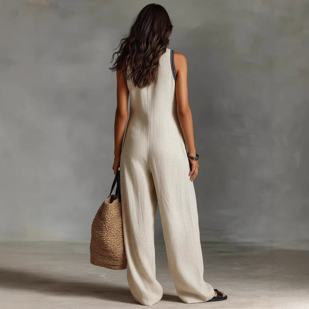 Damen luftiger Jumpsuit mit elegantem V-Ausschnitt und besticktem Kragen Echoarchiv