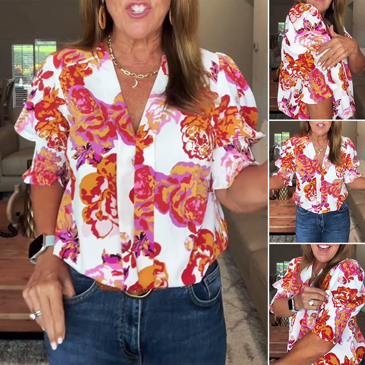 Damen nan lockere Bluse mit gerafften Puffärmeln und Knopfleiste Echo Archiv