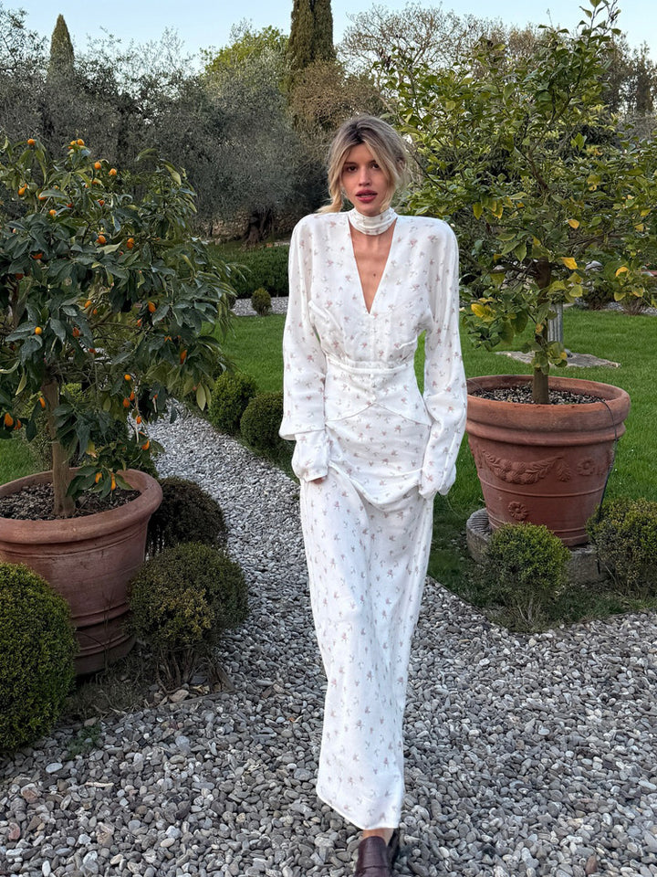 Damen Maxikleid mit Wickel-Taillenband, tiefem V-Ausschnitt und Choker Echoarchiv