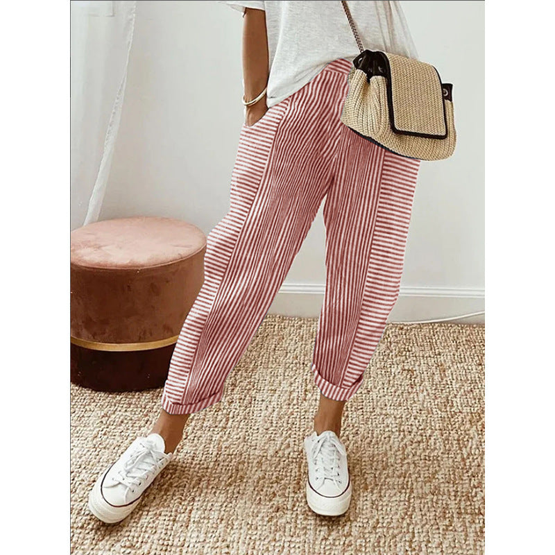 Damen Freizeit Leinenlook Hose mit Streifen, elastischem Bund und Saumabschluss – Avélisse