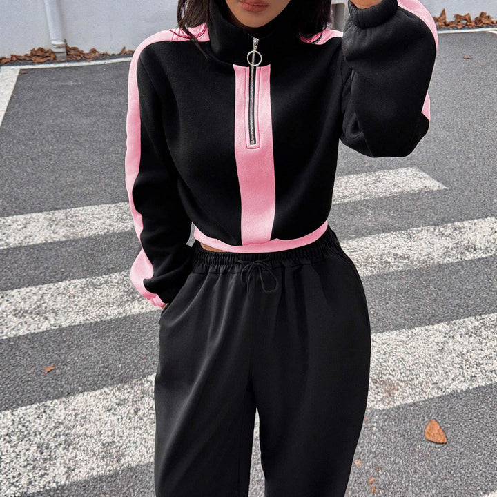 Damen kurzes Sweatshirt mit Halbreißverschluss und elastischer Bund Jogginghose Set – Avérine
