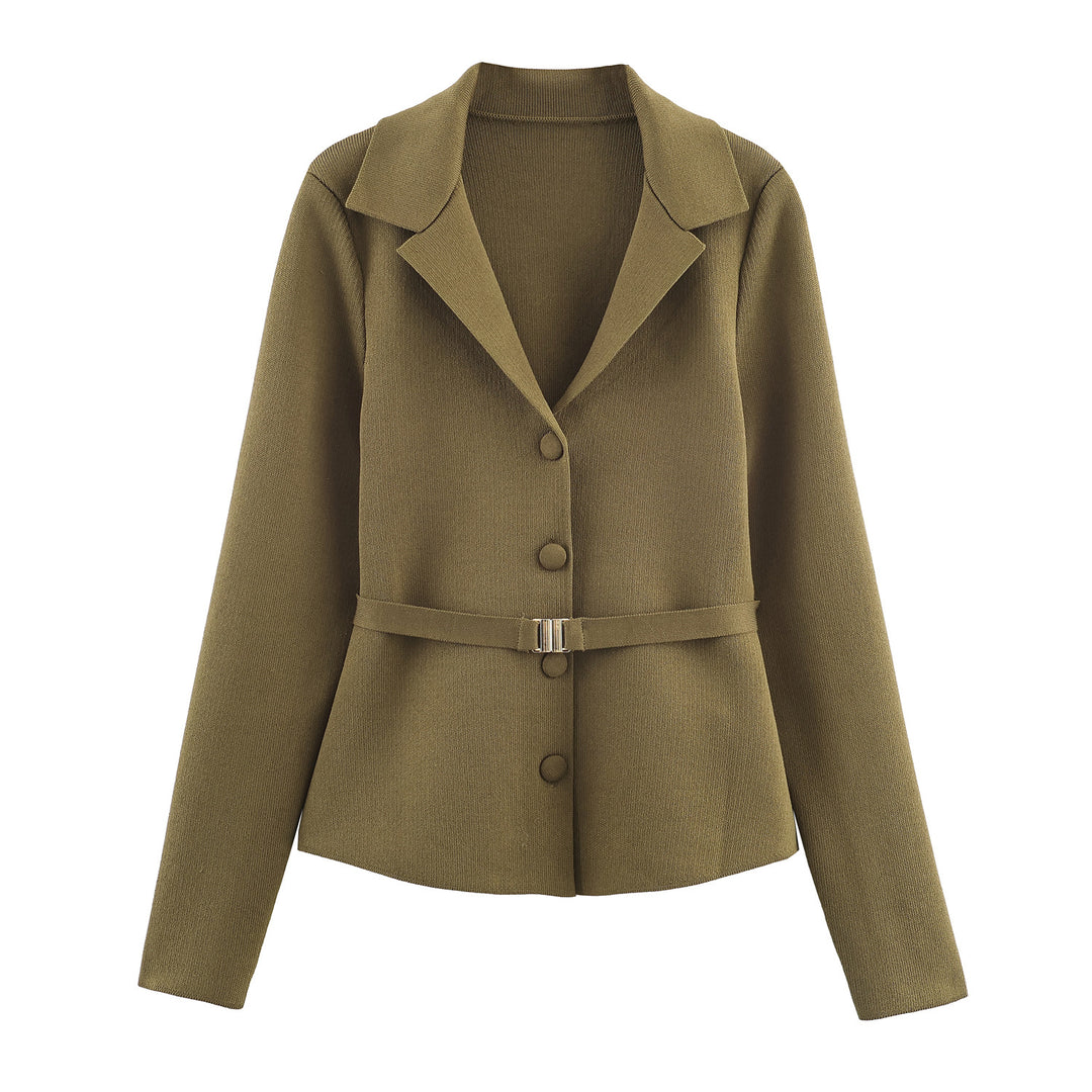 Damen Taillierter Strickblazer mit Reverskragen, verdeckter Knopfleiste und Filigranem Taillengürtel Echoarchiv