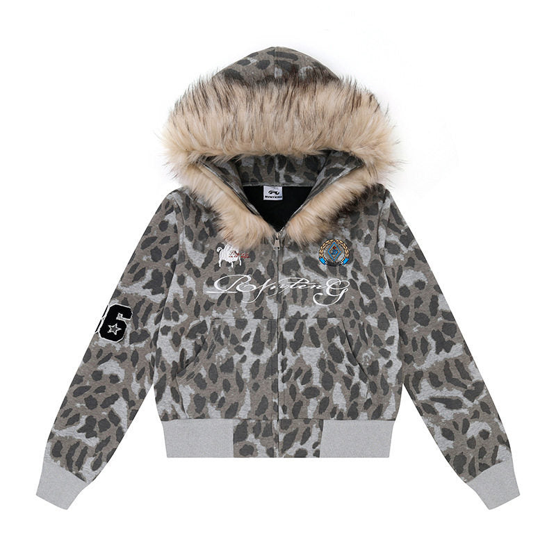 Damen Kapuzen-Sweatjacke mit Kunstfellbesatz, Leo-Allover und Reißverschluss Echoarchiv