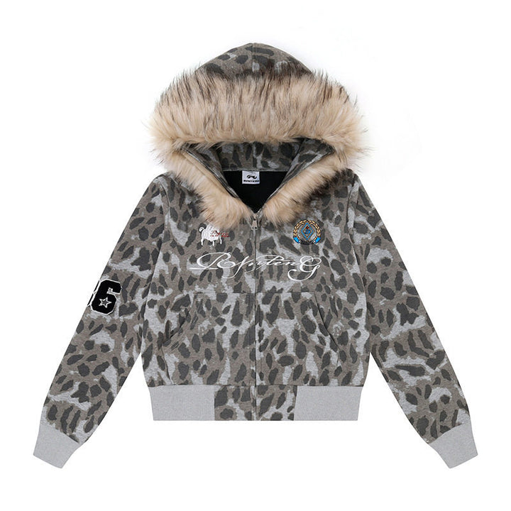 Damen Kapuzen-Sweatjacke mit Kunstfellbesatz, Leo-Allover und Reißverschluss Echoarchiv