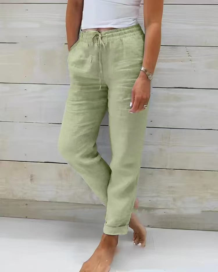Damen lässige Leinenhose mit elastischem Bund Kordelzug und Seitentaschen – Avélisse