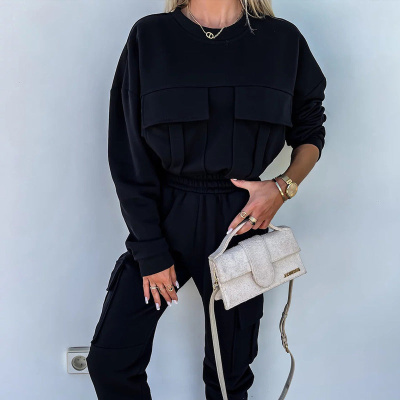 Damen Cargo-Loungewear-Set aus weicher Baumwollmischung mit hoher Taille und aufgesetzten Cargo-Taschen – Avélisse