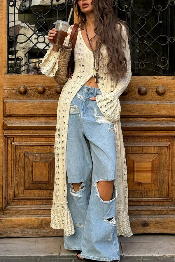 Damen Langer Häkelstrick-Cardigan mit Glockenärmeln und Offener Front – Veloura