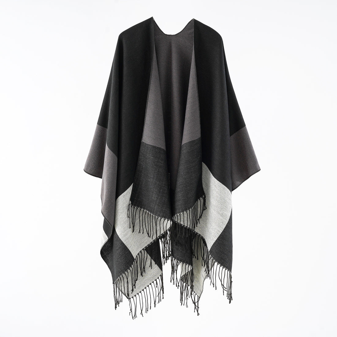 Damen eleganter Wollmix-Capeponcho mit grafischem Blockmuster und Fransen – Avérine