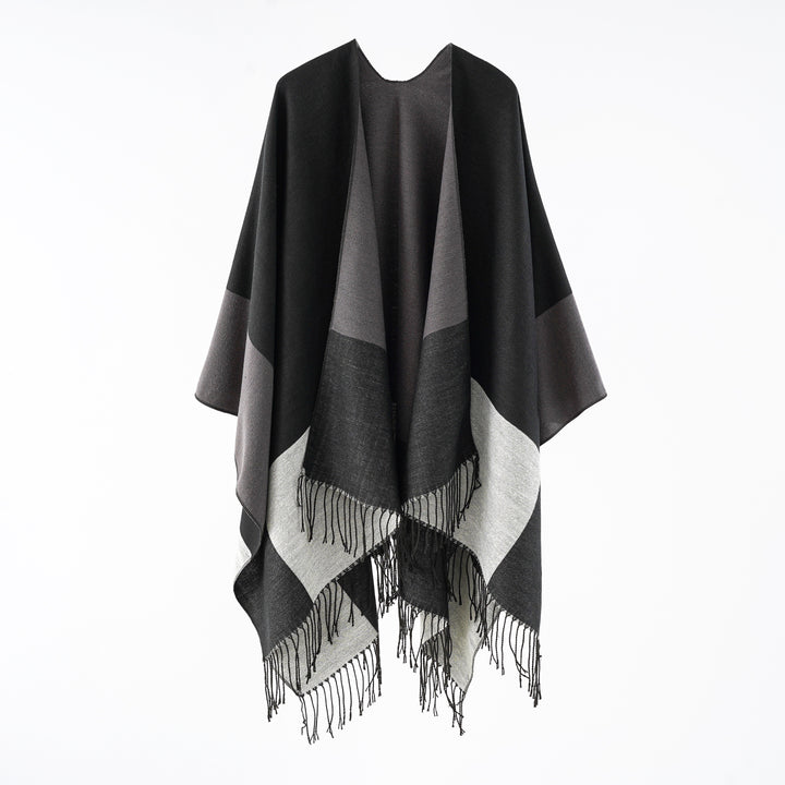 Damen eleganter Wollmix-Capeponcho mit grafischem Blockmuster und Fransen – Avérine