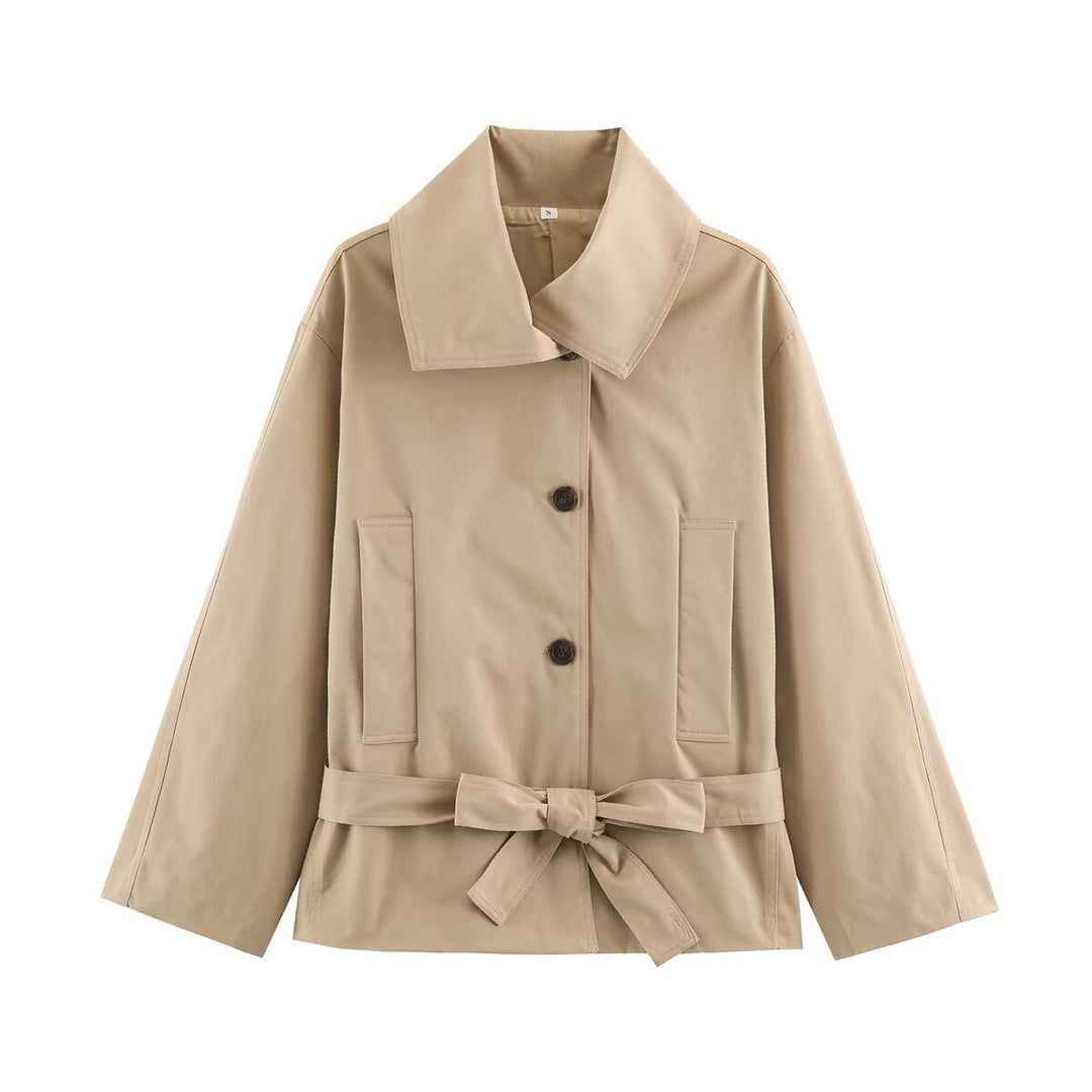 Damen Kurze taillierte Trenchjacke mit Bindegürtel und weitem Reverskragen Echo Archiv