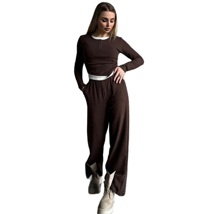 Damen Loungewear-Set aus weichem Modal mit Henley-Knopfleiste und weitem High‑Waist Loungehose – Élanora