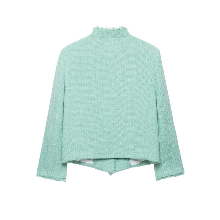 Damen Kurz geschnittene Bouclé-Tweedjacke mit Fransenbesatz und asymmetrischer Knopfleiste Echo Archiv
