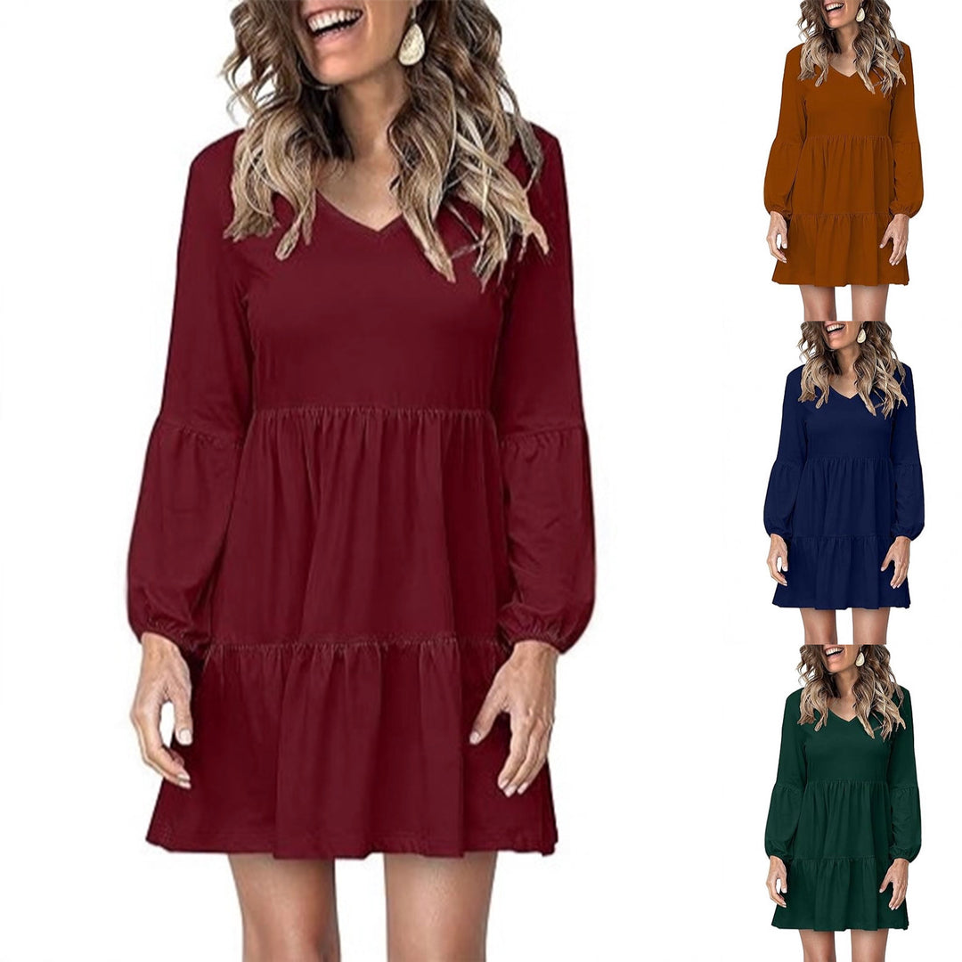 Damen Stufiges Mini-Kleid mit V-Ausschnitt und Ballonärmeln – Élara
