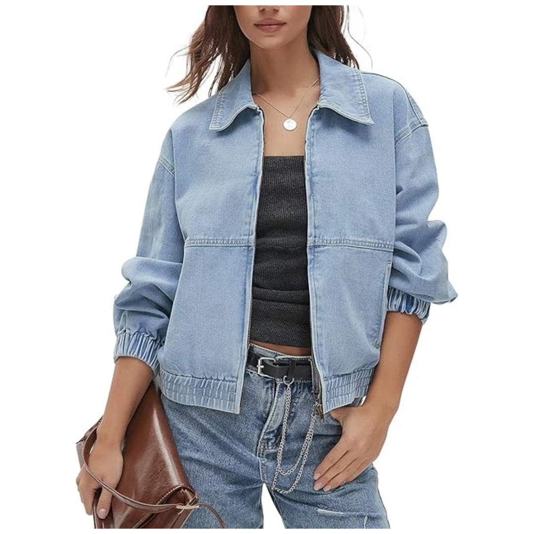 Damen Jeans-Bomberjacke mit Reißverschluss, elastischem Saum und Hemdkragen Echo Archiv