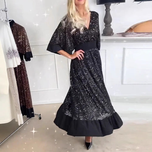 Damen nan schimmerndes Abend-Maxikleid mit Kimonoärmeln und taillenbetontem Bund Echo Archiv