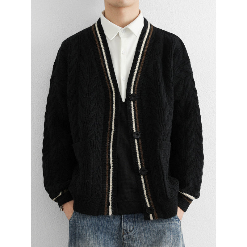 Herren Grober Zopfstrick-Cardigan mit aufgesetzten Taschen und Kontraststreifen Echoarchiv