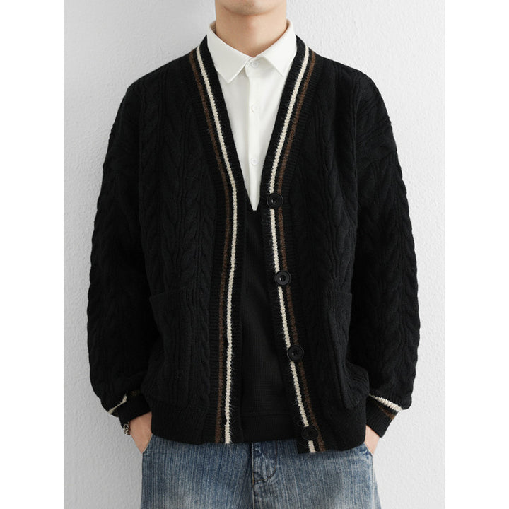 Herren Grober Zopfstrick-Cardigan mit aufgesetzten Taschen und Kontraststreifen Echoarchiv