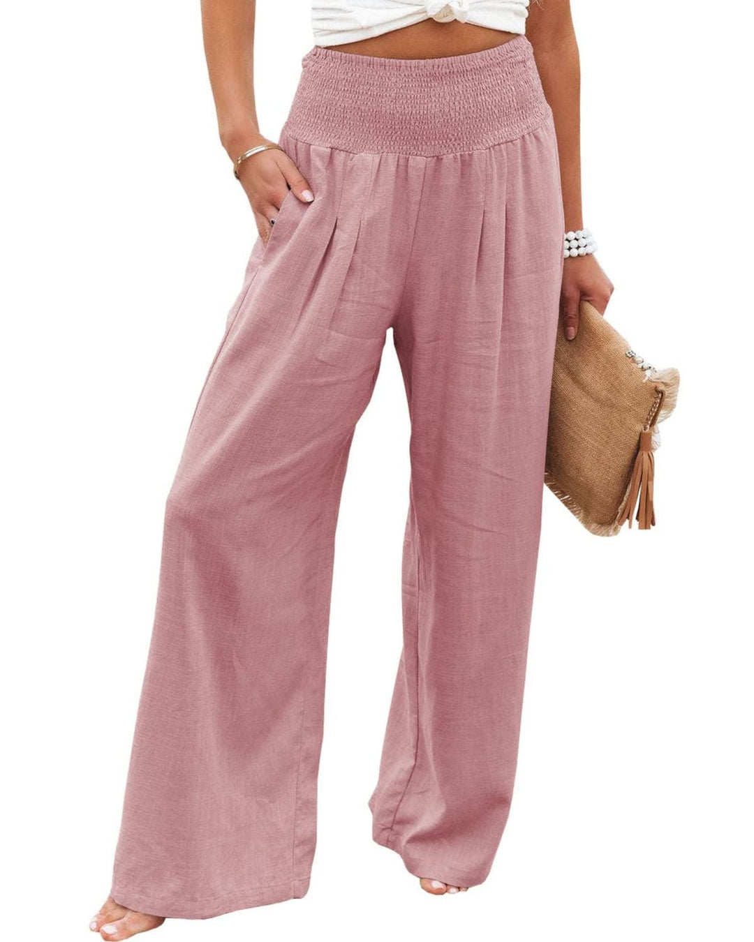 Damen Weite Leinenhose mit Elastischem Bund und Falten Echoarchiv