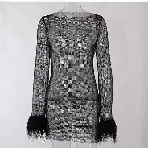 Damen Glitzerndes Minikleid mit schimmernden Pailletten und glamourösen Federärmeln Echo Archiv