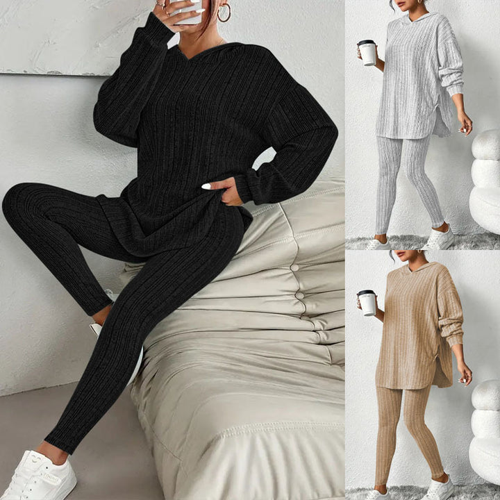 Damen Gerippter Lounge-Set aus Strick mit Oversize-Kapuzenpullover und High-Waist-Leggings – Auréline