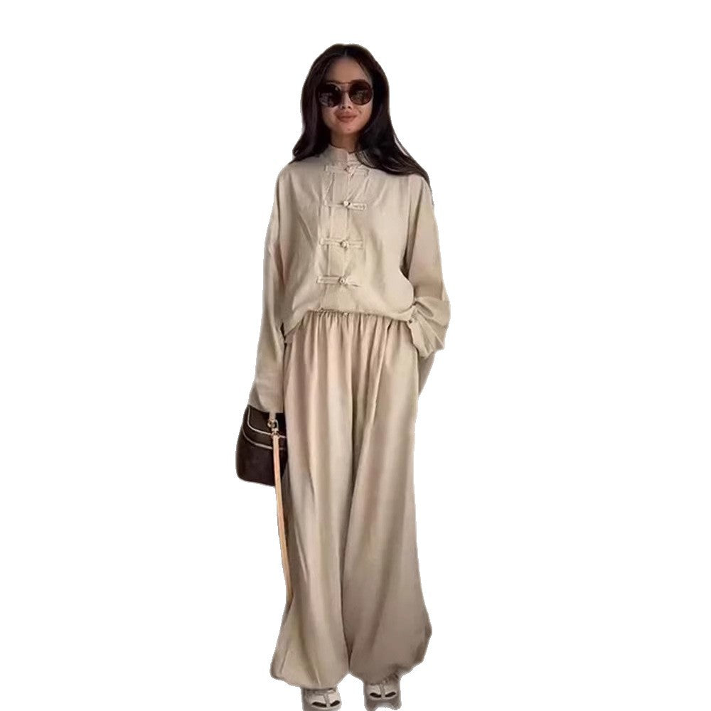Damen Zweiteiliges Oversize Lounge‑Set mit Stehkragen und dekorativen Knotenverschlüssen Echoarchiv