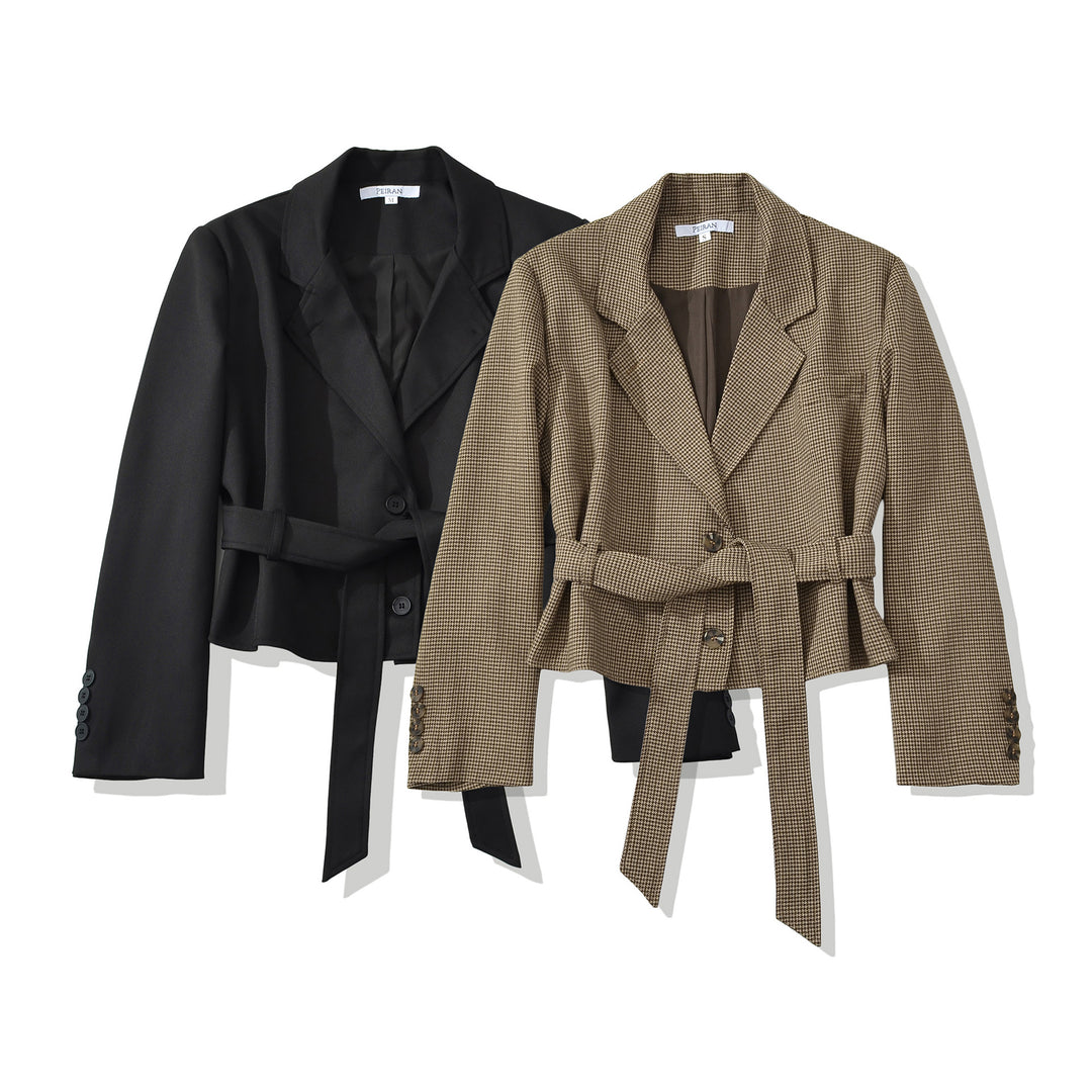 Damen Cropped Blazer mit Taillengürtel, Hahnentrittstruktur und Reverskragen Echo Archiv