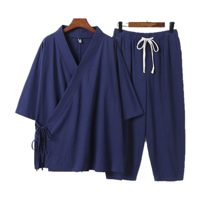 Herren Kimono-Loungewear-Set mit Wickeloberteil, Kordelbundhose und lockerer Passform Echoarchiv