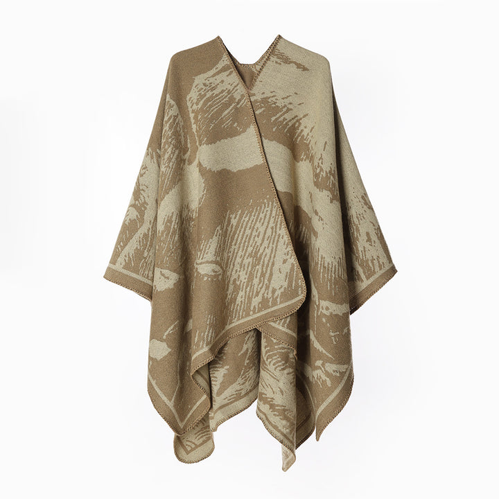 Damen Oversize‑Jacquard‑Cape mit abstraktem Naturmotiv und Kettelkante – Montévia