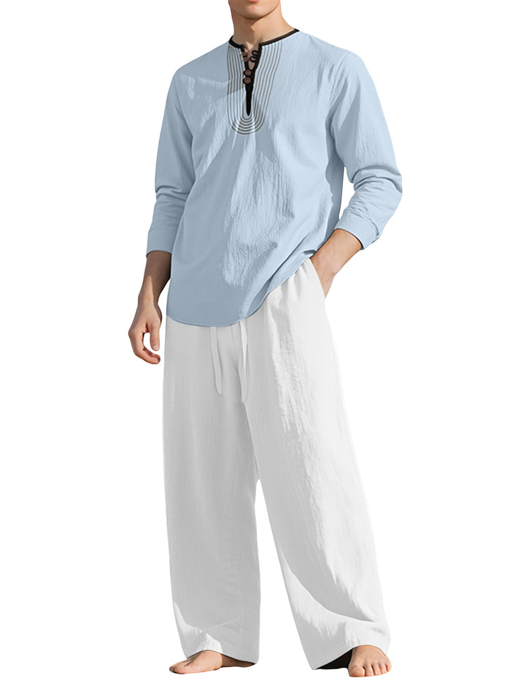 Herren nan Tunika- und Palazzohose-Set mit Henley-Blende, Zierstickerei und weitem Schnitt Echo Archiv