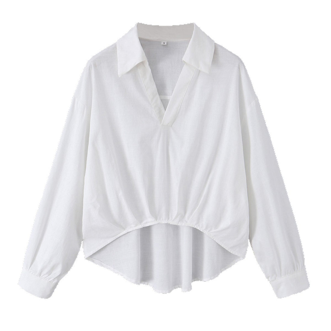 Damen Oversize-Bluse mit tiefem V-Ausschnitt, Hemdkragen und gerafftem Frontsaum Echoarchiv