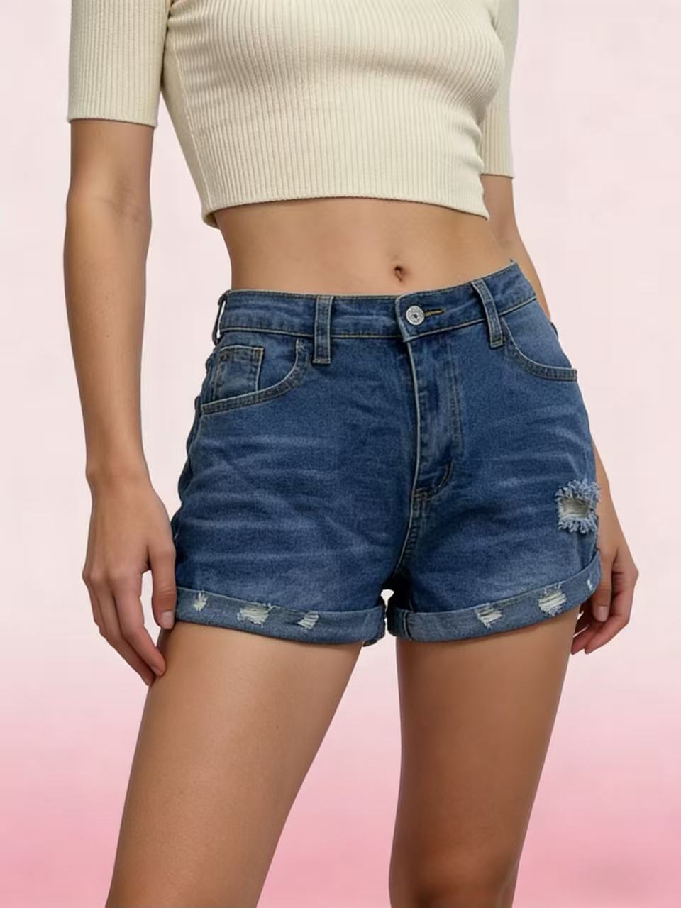 Damen lässige Destroyed Denim-Shorts mit umgeschlagenem Saum Echo Archiv